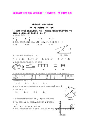 2014年湖北省黄冈市启黄中学中考第三次模拟考试数学试题附答案